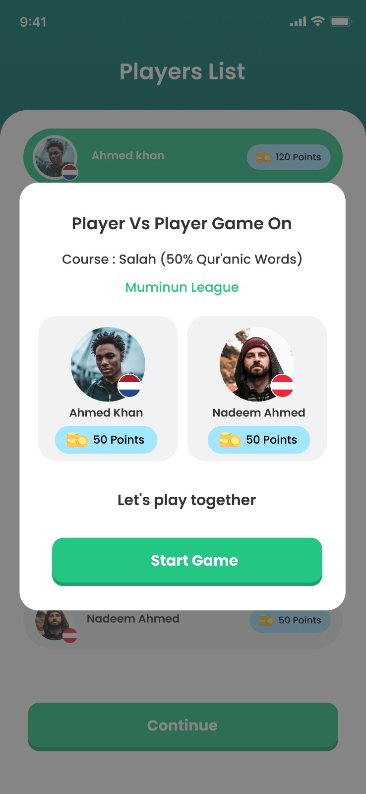 Player vs player quiz challenge screen