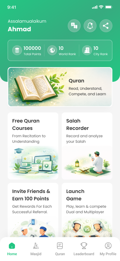 QLINGO app home dashboard with points, ranks and features