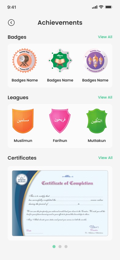Achievements screen with badges, leagues and certificates