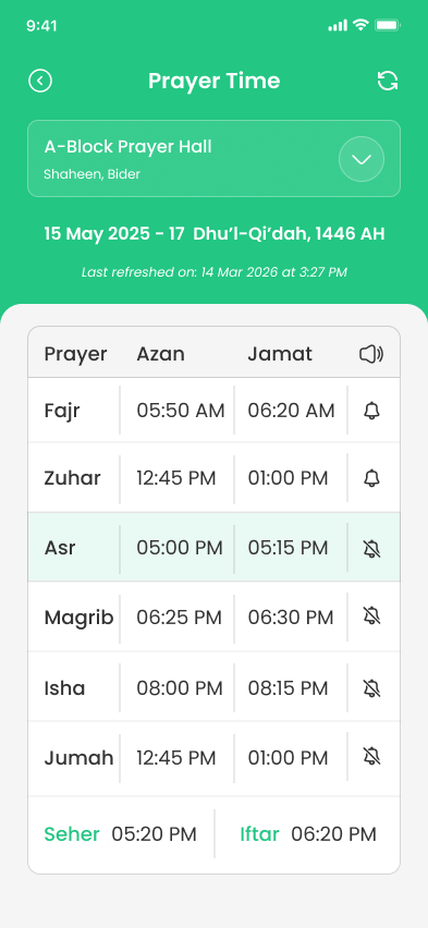 Masjid prayer times with Azan and Jamat